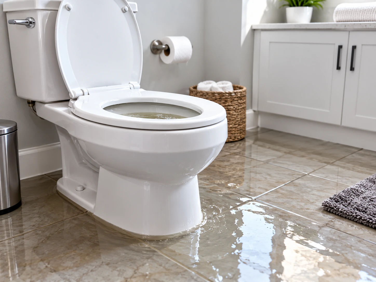 Bathroom toilets indicating sewage backups