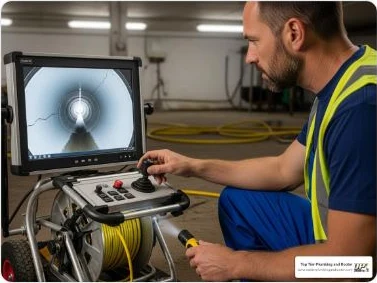 Technician performing CCTV sewer camera inspection