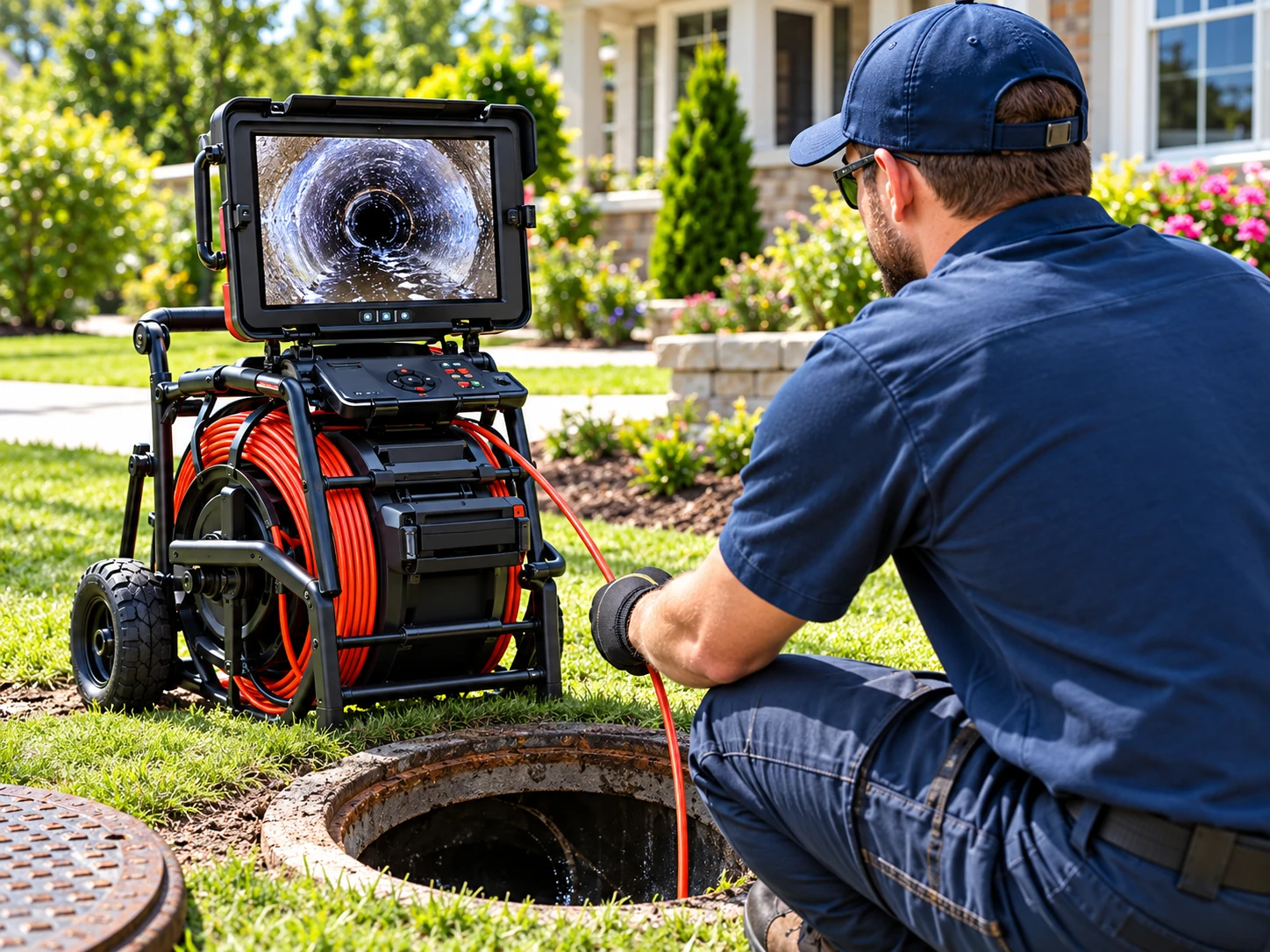 Technician with sewer camera