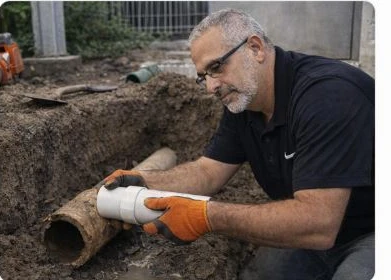 Technician repairing a root-damaged sewer pipe