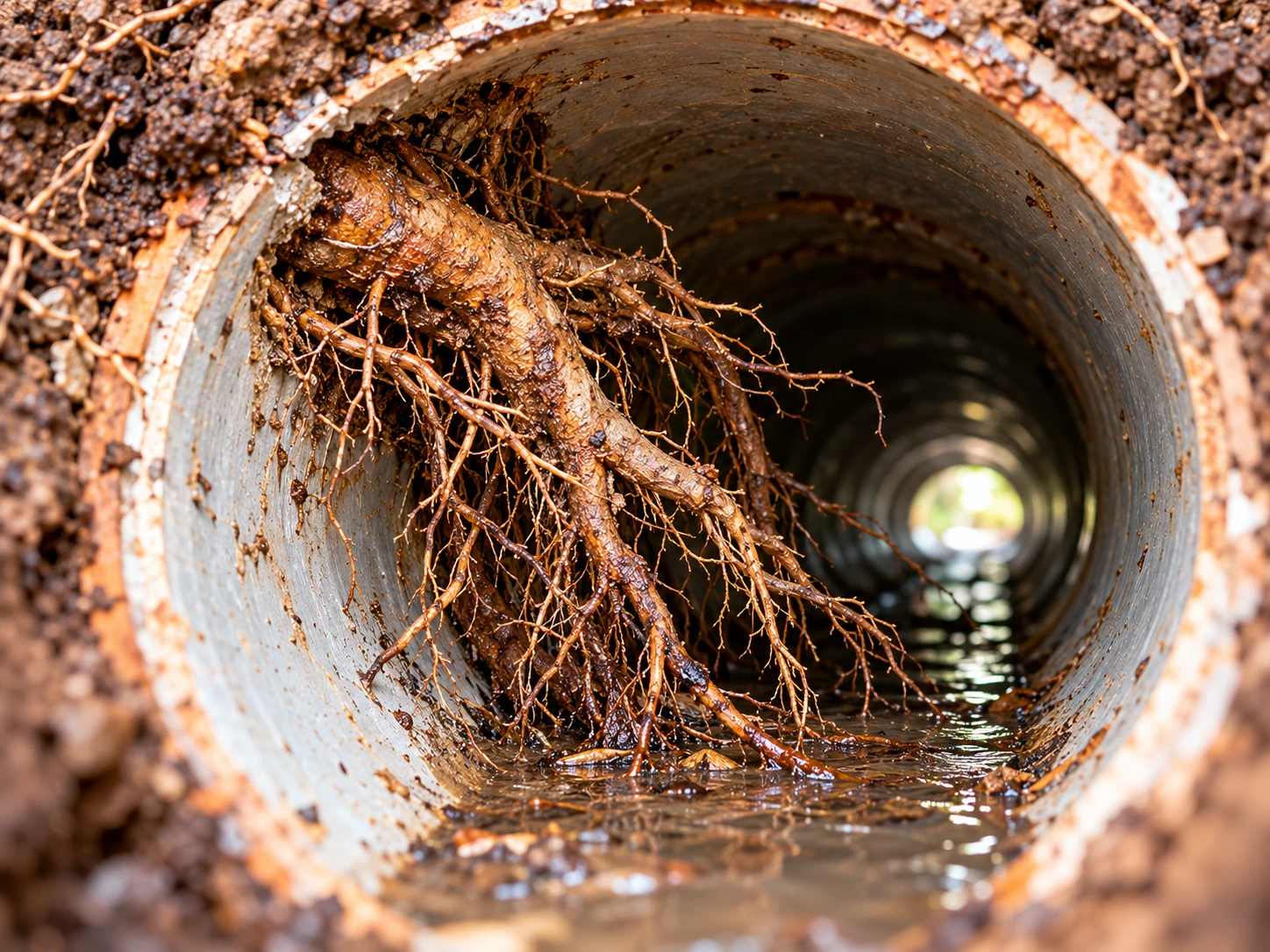 Tree roots inside underground pipe
