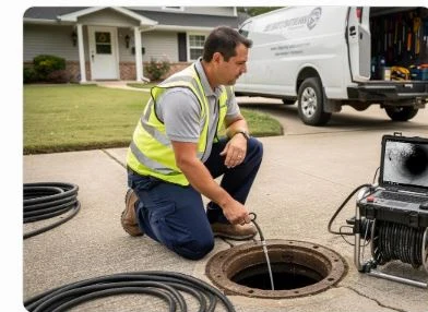 Technician performing camera inspection before trenchless repair