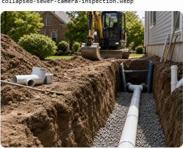 New sewer pipe installed in excavated trench