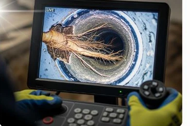 Sewer camera monitor showing tree roots inside a pipe