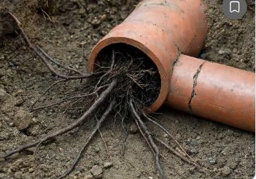 Tree roots growing inside an underground clay sewer pipe